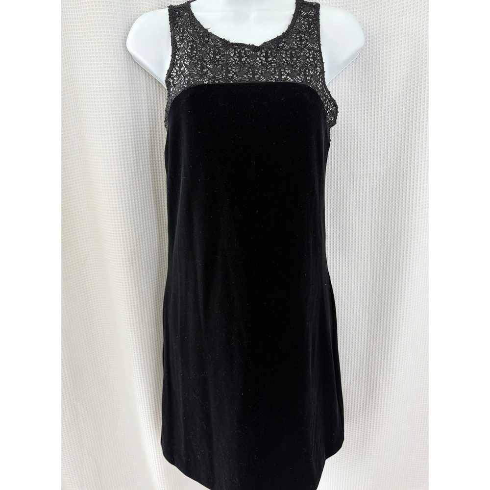 Vintage Carole Little Black Velvet Lace Yoke Keyhole Back Mini Dress Womens 4